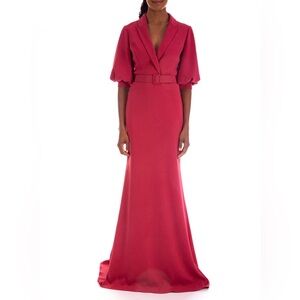 Badgley Mischka Belted Collared V-Neck Gown Dress Berry Pink Formal Black Tie 4
